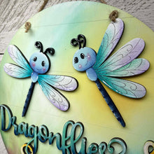 Load image into Gallery viewer, Dragonfly Sunshine Door Hanger Sign File SVG, Spring Flower, Butterfly, Spring, Summer, Glowforge, LuckyHeartDesignsCo
