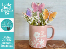Load image into Gallery viewer, Butterfly Mug Stick File SVG, Glowforge Tiered Tray, Tray Decor, Plant Topper, Gift, LuckyHeartDesignsCo
