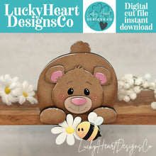 Load image into Gallery viewer, Bear Bee Hanging Shelf Sitter File SVG, Ledge, Teddy, Bumble, Daisy, Flower, Spring Farm, Hanger, Tiered Tray Glowforge LuckyHeartDesignsCo
