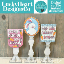 Load image into Gallery viewer, Easter Bunny Pedestal Spindle Slide On Seasonal Set Interchangeable File SVG, Carrots Spring Home Sign, Decor Glowforge, LuckyHeartDesignsCo
