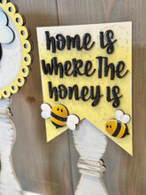 Load image into Gallery viewer, Bee Pedestal Spindle Slide On Seasonal Set Interchangeable File SVG, Summer, Spring Bumble Home Sign, Decor Glowforge, LuckyHeartDesignsCo
