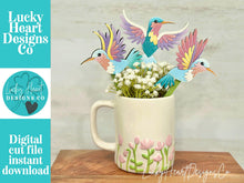 Load image into Gallery viewer, Hummingbird Mug Stick File SVG, Glowforge Tiered Tray, Tray Decor, Butterfly, Spring, Summer, Plant Topper, Gift, LuckyHeartDesignsCo
