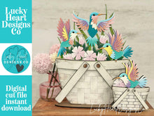 Load image into Gallery viewer, Hummingbird Flower Basket Interchangeable File SVG, Floral, Dragonfly, Butterfly Floral, Daisy, Tiered Tray, Glowforge, LuckyHeartDesignsCO
