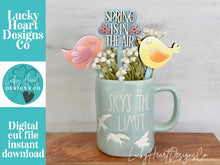 Load image into Gallery viewer, Bird Mug Stick File SVG, Glowforge Tiered Tray, Tray Decor, Cardinal, Floral, Plant Topper, Spring, Stake, Gift, LuckyHeartDesignsCo
