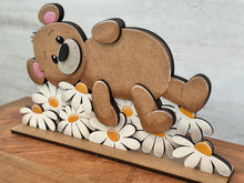 Load image into Gallery viewer, Bear Daisy Laying Standing Sign File SVG, Glowforge, Butterfly, Woodland Flower Bird, Floral, Spring, Summer Tiered Tray LuckyHeartDesignsCo
