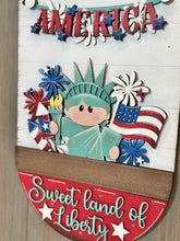 Load image into Gallery viewer, Lady Liberty America Holiday Door Sign Interchangeable File, SVG, Flag, USA Statue Fireworks Fourth of July Seasonal Home Welcome, glowforge
