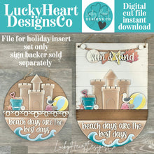 Load image into Gallery viewer, Beach Summer Holiday Door Sign Interchangeable File, SVG, Sand Castle Seagull Ocean Vacation Fourth of July Seasonal Home Welcome, glowforge
