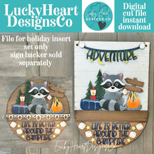 Load image into Gallery viewer, Camping Raccoon Holiday Door Sign Interchangeable File, SVG, Woodland, Woods, Campfire, S'mores Marshmallow Seasonal Home Welcome, glowforge
