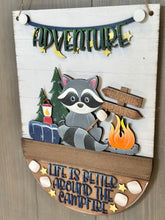 Load image into Gallery viewer, Camping Raccoon Holiday Door Sign Interchangeable File, SVG, Woodland, Woods, Campfire, S'mores Marshmallow Seasonal Home Welcome, glowforge
