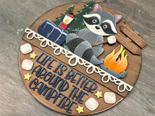 Load image into Gallery viewer, Camping Raccoon Holiday Door Sign Interchangeable File, SVG, Woodland, Woods, Campfire, S'mores Marshmallow Seasonal Home Welcome, glowforge
