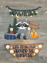 Load image into Gallery viewer, Camping Raccoon Holiday Door Sign Interchangeable File, SVG, Woodland, Woods, Campfire, S'mores Marshmallow Seasonal Home Welcome, glowforge
