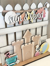 Load image into Gallery viewer, Beach Summer Holiday Door Sign Interchangeable File, SVG, Sand Castle Seagull Ocean Vacation Fourth of July Seasonal Home Welcome, glowforge
