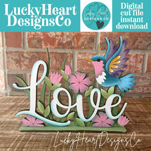 Load image into Gallery viewer, Hummingbird Love Standing Sign File SVG, Glowforge Flower, Bird, Daisies, Spring, Summer, Butterflies, Tiered Tray LuckyHeartDesignsCo
