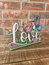 Load image into Gallery viewer, Hummingbird Love Standing Sign File SVG, Glowforge Flower, Bird, Daisies, Spring, Summer, Butterflies, Tiered Tray LuckyHeartDesignsCo
