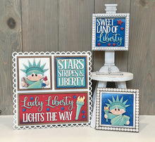 Load image into Gallery viewer, Statue of Liberty Interchangeable Leaning Sign File SVG, Fourth of July, Lady Liberty, America USA Glowforge Tiered Tray LuckyHeartDesignsCo
