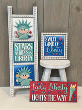Load image into Gallery viewer, Statue of Liberty Interchangeable Leaning Sign File SVG, Fourth of July, Lady Liberty, America USA Glowforge Tiered Tray LuckyHeartDesignsCo
