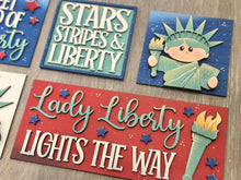 Load image into Gallery viewer, Statue of Liberty Interchangeable Leaning Sign File SVG, Fourth of July, Lady Liberty, America USA Glowforge Tiered Tray LuckyHeartDesignsCo

