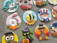 Load image into Gallery viewer, Seasonal Friends Round Interchangeable Leaning Sign File SVG, Ladder, Holiday, Christmas, Halloween, Fall, Glowforge, LuckyHeartDesignsCo
