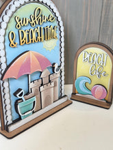 Load image into Gallery viewer, Beach Summer Tall Arch Sign Interchangeable File SVG, TINY, INSERT only Sand Castle Umbrella Glowforge Holiday Tiered LuckyHeartDesignsCo
