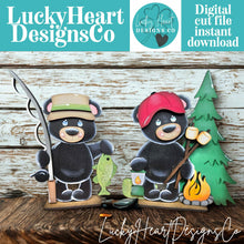 Load image into Gallery viewer, Bear Camping Standing Sign File SVG, Glowforge, Summer, S'mores, Campfire, Fishing, Woodland, Tiered Tray LuckyHeartDesignsCo
