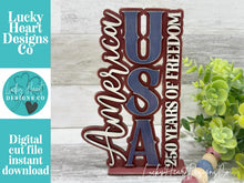 Load image into Gallery viewer, America Birthday Vertical Shelf Sitter Sign File SVG, 250TH, Fireworks, Flag, July Fourth, USA, Tiered Tray Glowforge, LuckyHeartDesignsCo
