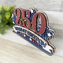 Load image into Gallery viewer, America Birthday Shelf Sitter Sign File SVG, 250TH, Fireworks, Flag, July Fourth, USA, Tiered Tray Glowforge, LuckyHeartDesignsCo
