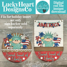 Load image into Gallery viewer, Lady Liberty America Holiday Door Sign Interchangeable File, SVG, Flag, USA Statue Fireworks Fourth of July Seasonal Home Welcome, glowforge
