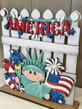 Load image into Gallery viewer, Lady Liberty America Holiday Door Sign Interchangeable File, SVG, Flag, USA Statue Fireworks Fourth of July Seasonal Home Welcome, glowforge
