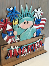 Load image into Gallery viewer, Lady Liberty America Holiday Door Sign Interchangeable File, SVG, Flag, USA Statue Fireworks Fourth of July Seasonal Home Welcome, glowforge
