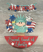 Load image into Gallery viewer, Lady Liberty America Holiday Door Sign Interchangeable File, SVG, Flag, USA Statue Fireworks Fourth of July Seasonal Home Welcome, glowforge

