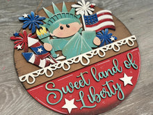 Load image into Gallery viewer, Lady Liberty America Holiday Door Sign Interchangeable File, SVG, Flag, USA Statue Fireworks Fourth of July Seasonal Home Welcome, glowforge
