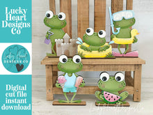 Load image into Gallery viewer, Summer Frog Standing File SVG, Glowforge, Swim, Pool, Beach, Watermelon, Ice cream, Sandcastle, Tiered Tray LuckyHeartDesignsCo
