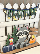 Load image into Gallery viewer, Camping Raccoon Holiday Door Sign Interchangeable File, SVG, Woodland, Woods, Campfire, S'mores Marshmallow Seasonal Home Welcome, glowforge
