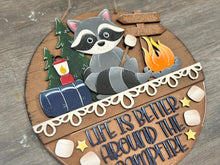 Load image into Gallery viewer, Camping Raccoon Holiday Door Sign Interchangeable File, SVG, Woodland, Woods, Campfire, S'mores Marshmallow Seasonal Home Welcome, glowforge
