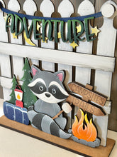 Load image into Gallery viewer, Camping Raccoon Holiday Door Sign Interchangeable File, SVG, Woodland, Woods, Campfire, S'mores Marshmallow Seasonal Home Welcome, glowforge
