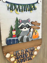 Load image into Gallery viewer, Camping Raccoon Holiday Door Sign Interchangeable File, SVG, Woodland, Woods, Campfire, S'mores Marshmallow Seasonal Home Welcome, glowforge
