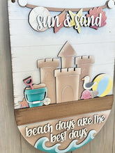 Load image into Gallery viewer, Beach Summer Holiday Door Sign Interchangeable File, SVG, Sand Castle Seagull Ocean Vacation Fourth of July Seasonal Home Welcome, glowforge
