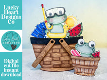 Load image into Gallery viewer, Frog Summer Flower Basket Interchangeable File SVG, Original and TINY, Beach, Pool, Watermelon, Tiered Tray, Glowforge, LuckyHeartDesignsCo
