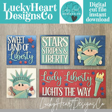 Load image into Gallery viewer, Statue of Liberty Interchangeable Leaning Sign File SVG, Fourth of July, Lady Liberty, America USA Glowforge Tiered Tray LuckyHeartDesignsCo
