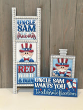 Load image into Gallery viewer, Uncle Sam Interchangeable Leaning Sign File SVG, Fourth of July, America USA, Fireworks, Glowforge Tiered Tray, Ladder, LuckyHeartDesignsCo
