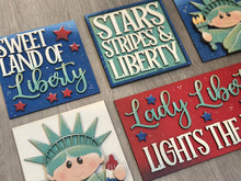 Load image into Gallery viewer, Statue of Liberty Interchangeable Leaning Sign File SVG, Fourth of July, Lady Liberty, America USA Glowforge Tiered Tray LuckyHeartDesignsCo
