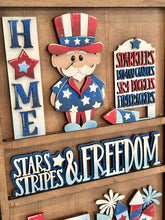 Load image into Gallery viewer, Fourth Of July Wall Collage Shelf Holder Interchangeable Sign File USA Glowforge, America Fireworks Uncle Sam, Standing, LuckyHeartDesignsCo
