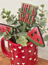 Load image into Gallery viewer, Watermelon Mug Stick File SVG, Glowforge Tiered Tray, Tray Decor, Fruit, Spring, Summer Plant Topper, Gift, LuckyHeartDesignsCo
