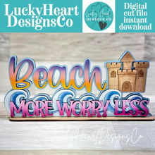 Load image into Gallery viewer, Beach More Shelf Sitter Sign File SVG, Summer, Seagull, Sandcastle, Beach, Tiered Tray Glowforge, LuckyHeartDesignsCo
