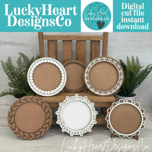 Load image into Gallery viewer, Decorative Round Frames Interchangeable Leaning sign File SVG, ladder, Seasonal, Holiday, Christmas Fall Glowforge, LuckyHeartDesignsCo Base
