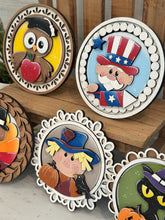Load image into Gallery viewer, Seasonal Friends Round Interchangeable Leaning Sign File SVG, Ladder, Holiday, Christmas, Halloween, Fall, Glowforge, LuckyHeartDesignsCo
