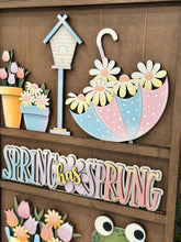 Load image into Gallery viewer, Spring Wall Collage Shelf Holder Interchangeable Sign File, Glowforge, Daisy, Rain boots Umbrella Flowers Frog Standing, LuckyHeartDesignsCo
