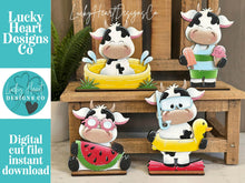 Load image into Gallery viewer, Dairy Cow Summer Standing File SVG, Glowforge, Swim, Pool, Beach, Cow, Farm, Ice cream, Farm, Beach, Tiered Tray LuckyHeartDesignsCo
