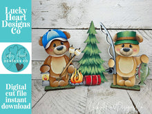 Load image into Gallery viewer, Bear Camping Standing Sign File SVG, Glowforge, Summer, S'mores, Campfire, Fishing, Woodland, Tiered Tray LuckyHeartDesignsCo
