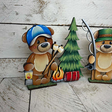 Load image into Gallery viewer, Bear Camping Standing Sign File SVG, Glowforge, Summer, S'mores, Campfire, Fishing, Woodland, Tiered Tray LuckyHeartDesignsCo
